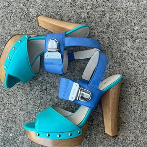 COACH Darcey Open Toe‎ Platform Heels Women’s 6B Buckle Wood Heel Blue Leather